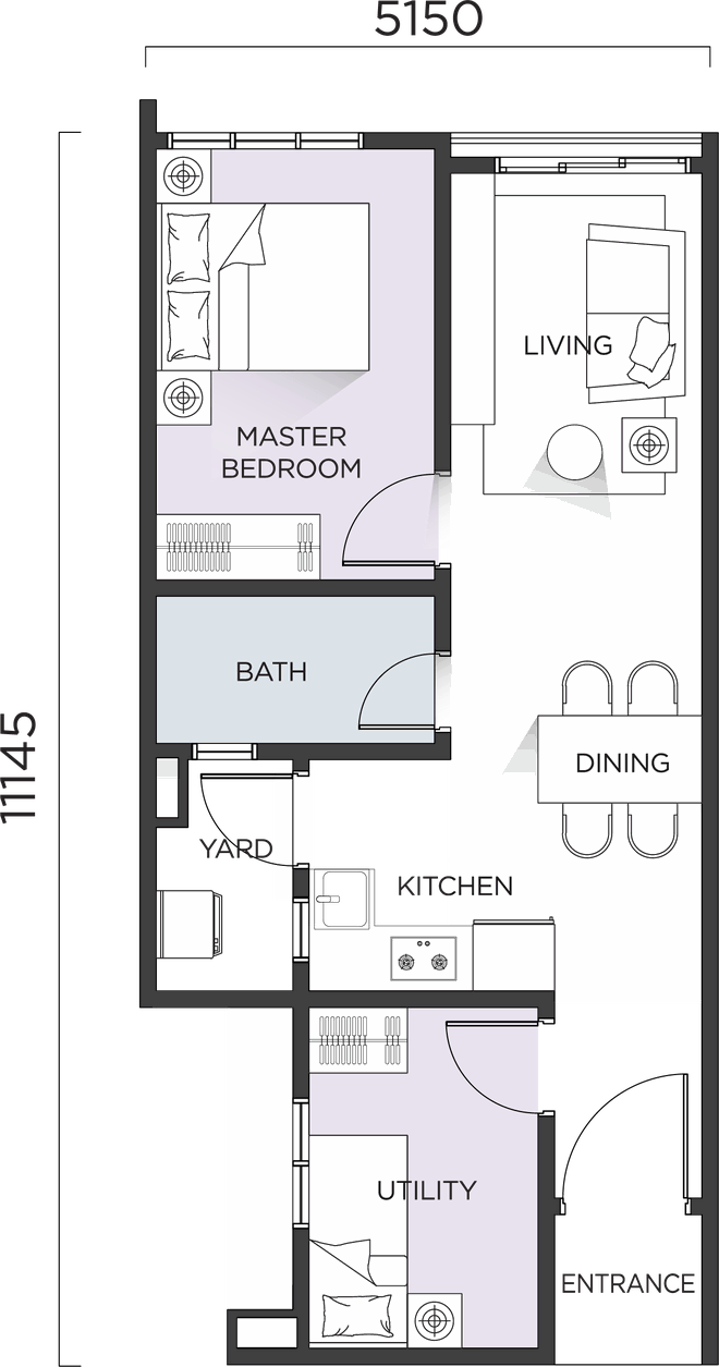 Type F floor plan: master bedroom, bath, living, dining, kitchen, yard and utility. 5150 mm by 11145 mm